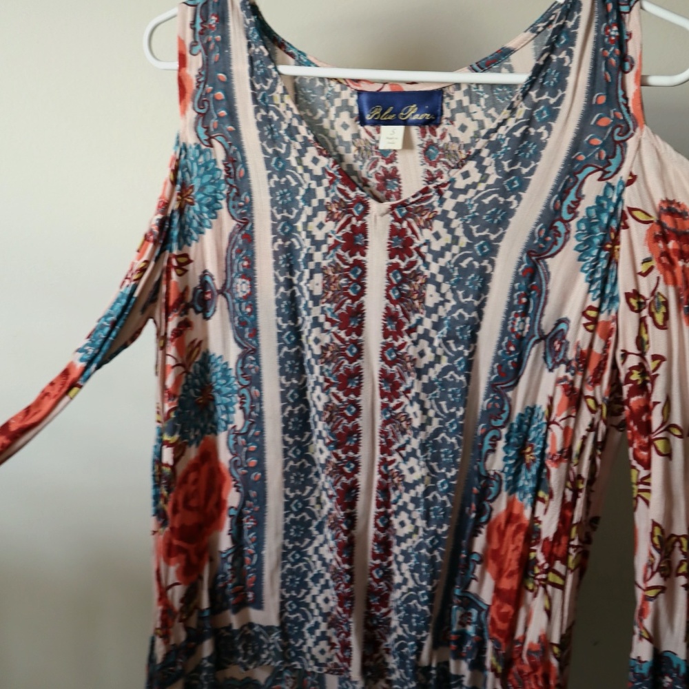 blue rain printed off the shoulder top